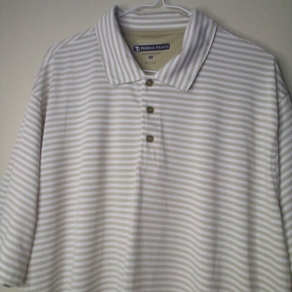 Pebble Beach Polo Shirt Men XXL Short Sleeve Performance Stripe White Tan - Picture 3 of 14